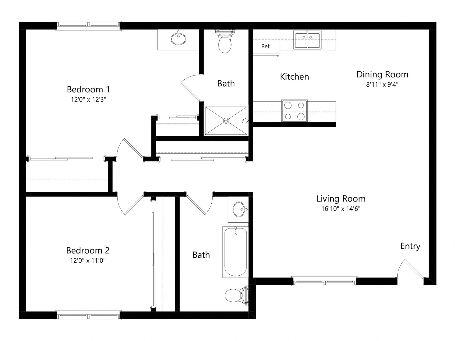2Bedroom 2Bath floor plan