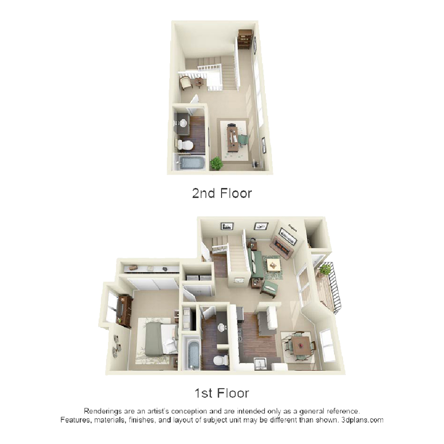 1BR / 2BA floor plan