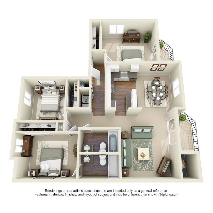 3BR / 2BA floor plan