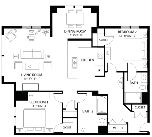 2 Bed/2 Bath - BD1 floor plan