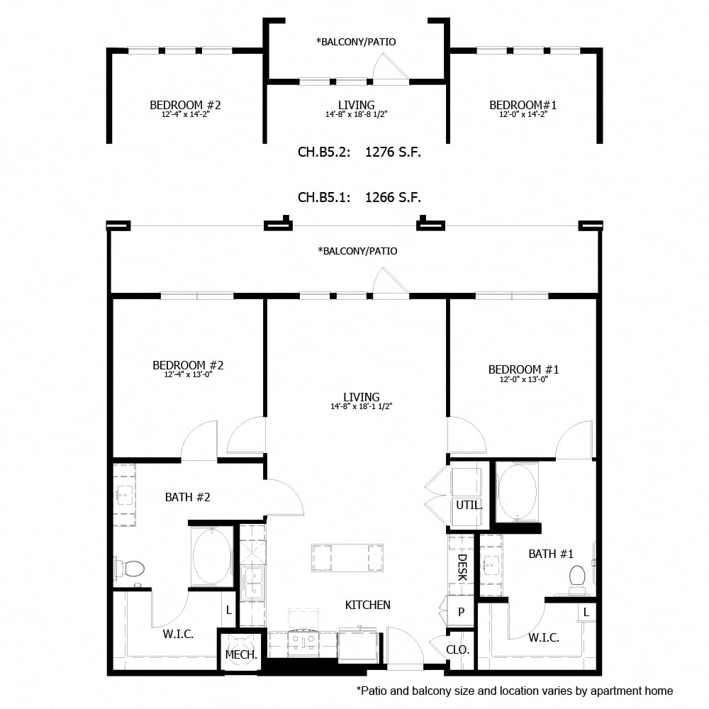 Rendering of the CH_B5 AC floor plan with 2 bedroom[s] and 2 bathroom[s] at The Chloe