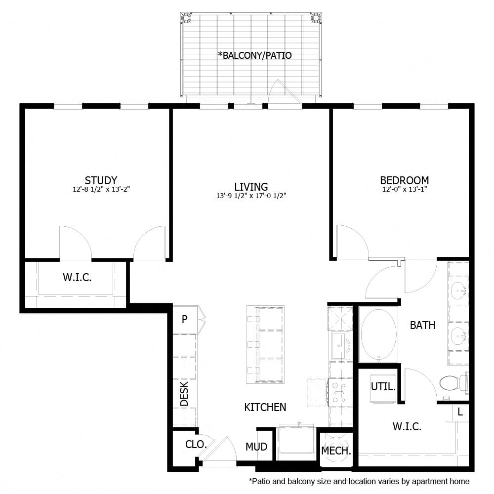Rendering of the CH_A12 floor plan with 1 bedroom[s] and 1 bathroom[s] at The Chloe