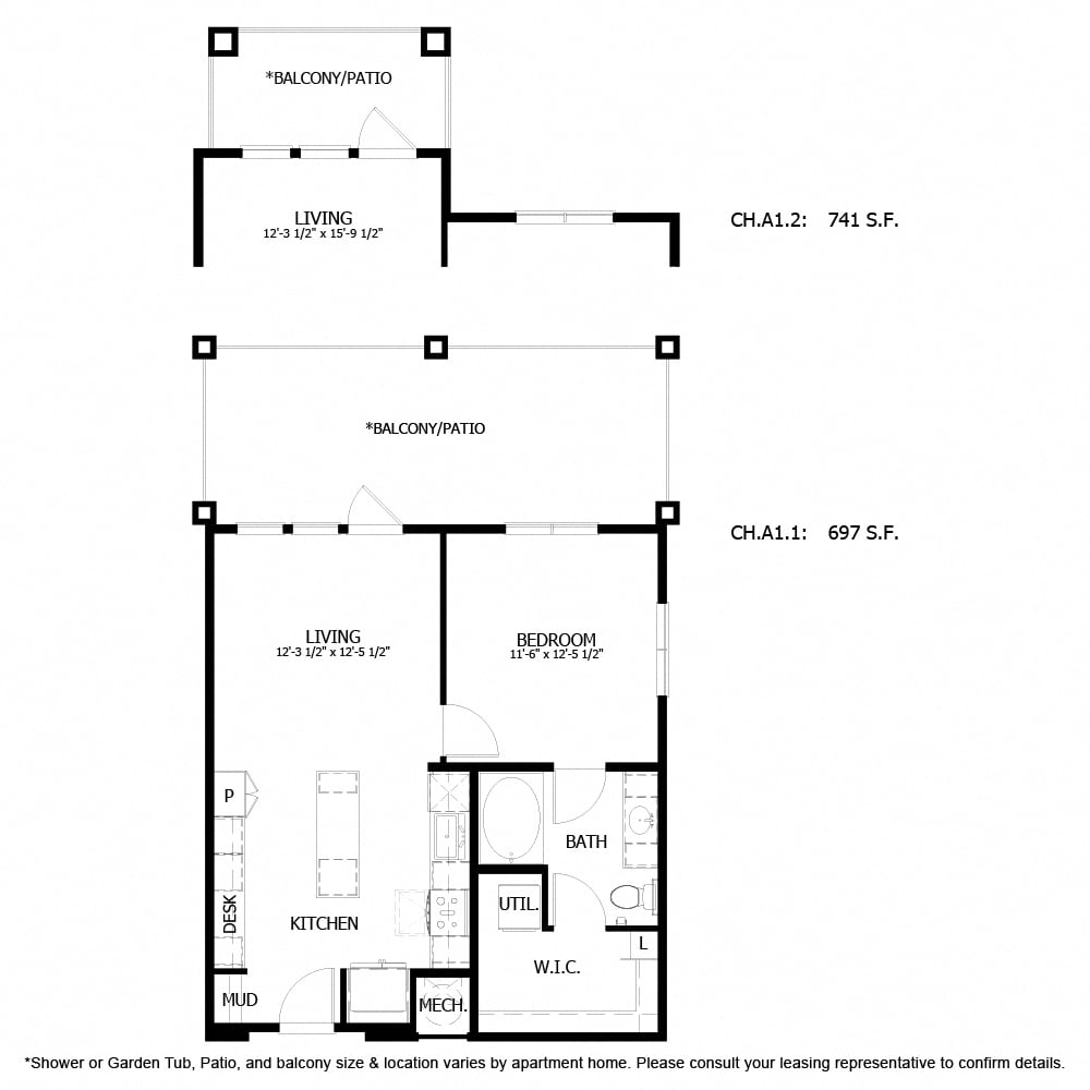 Rendering of the CH_A1 floor plan with 1 bedroom[s] and 1 bathroom[s] at The Chloe