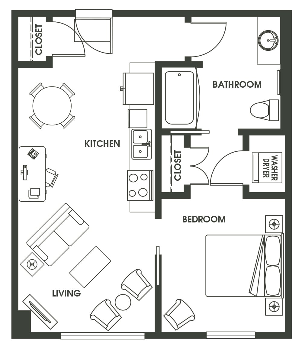 1 Bed 1 Bath A2 floor plan