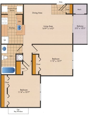 2 Bed 1 Bath floor plan