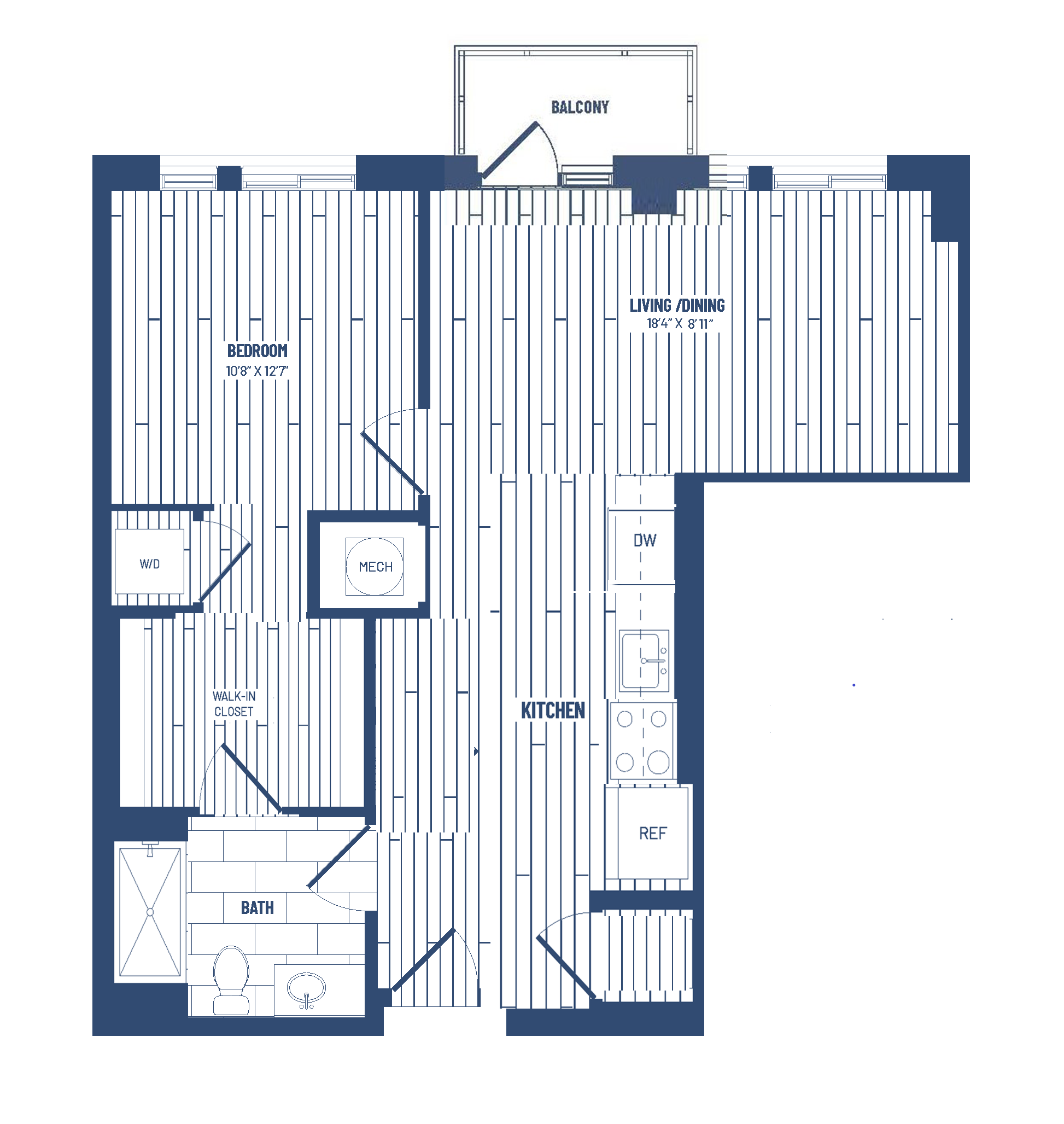 1 Bed/1 Bath-H1B-Balcony floor plan