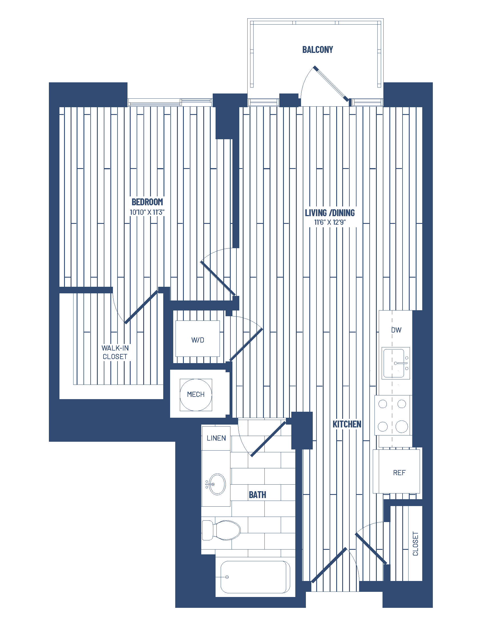 1 Bed/1 Bath-H1D-Balcony floor plan