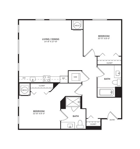 Rendering of the B1 floor plan with 2 bedroom[s] and 2 bathroom[s] at Windsor 3000 Huron