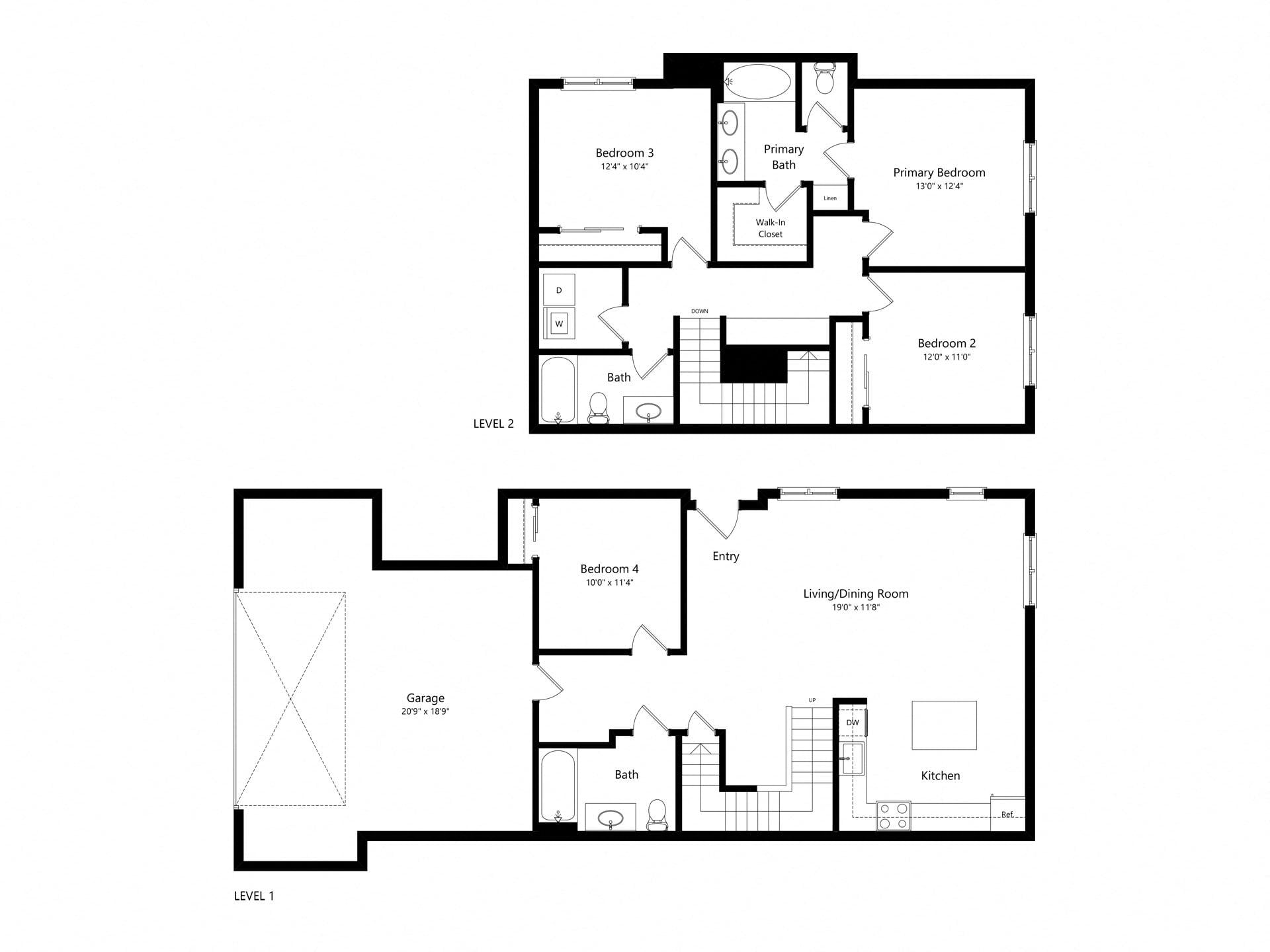 4 Bed 3 Bath- 1729 sq ft Townhome floor plan