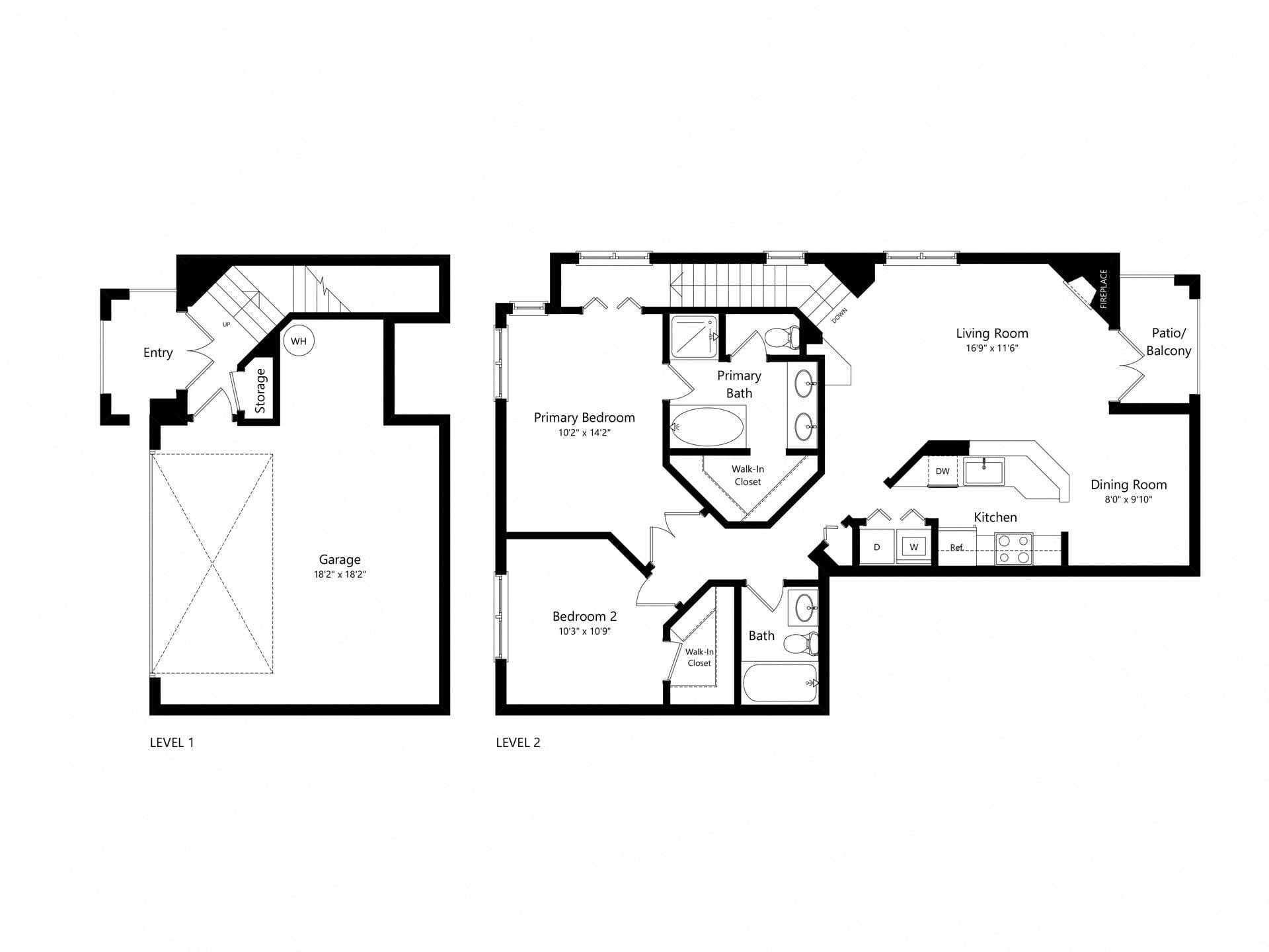 2 bed 2 Bath- 1240 Sq Ft Townhome floor plan