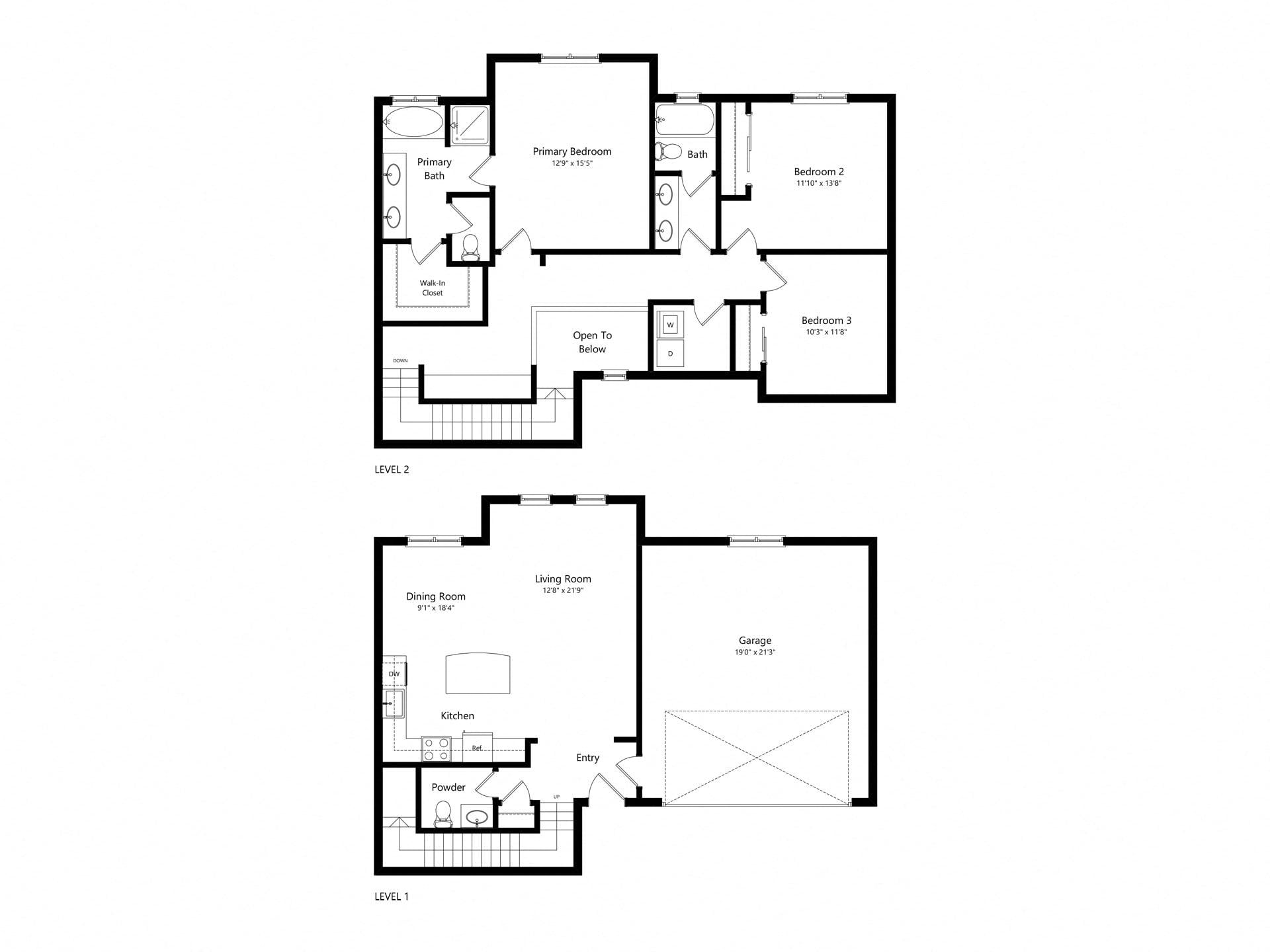 3 Bed 2.5- 1661 sq ft Townhome floor plan