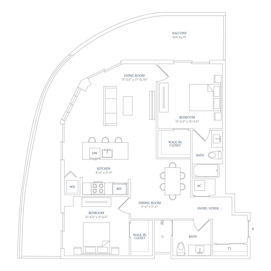 #SHW0501 - 2 bedroom floorplan layout with 2 bathrooms and 1043 square feet
