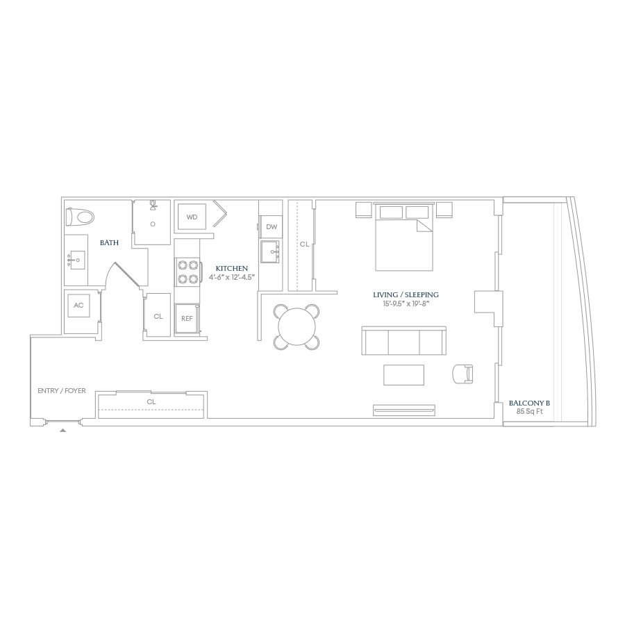 #SHW0311 - Studio floorplan layout with 1 bathroom and 734 square feet