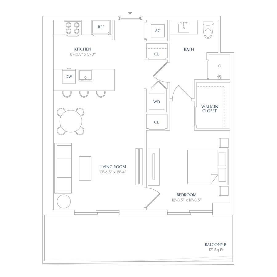#SHW0412 - 1 bedroom floorplan layout with 1 bathroom and 701 square feet