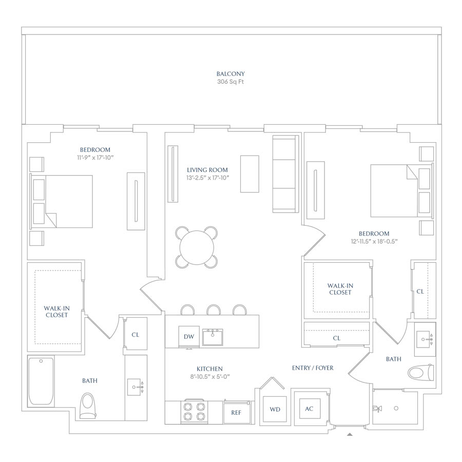 #SHW0509 - 2 bedroom floorplan layout with 2 bathrooms and 1053 square feet