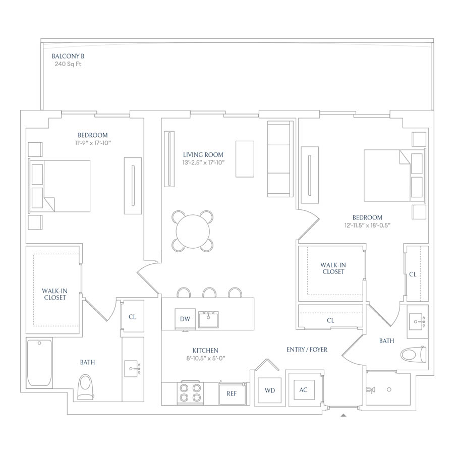 #SHW1509 - 2 bedroom floorplan layout with 2 bathrooms and 1053 square feet