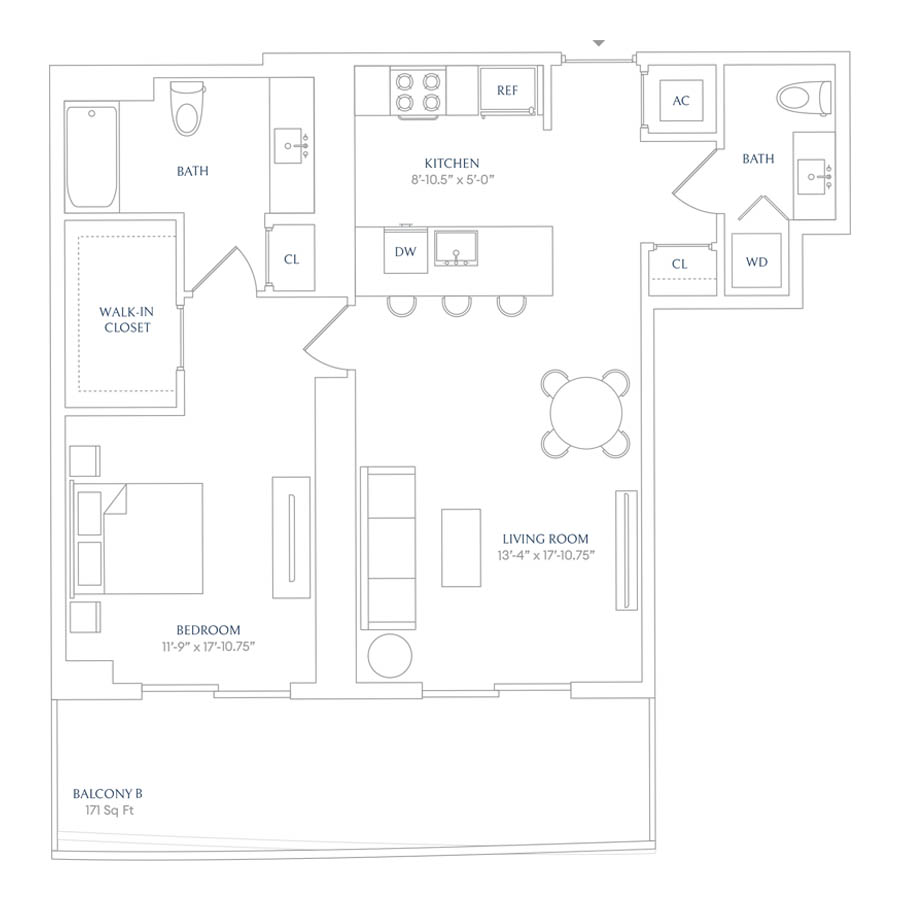 #SHW1512 - 1 bedroom floorplan layout with 1.5 bathroom and 788 square feet