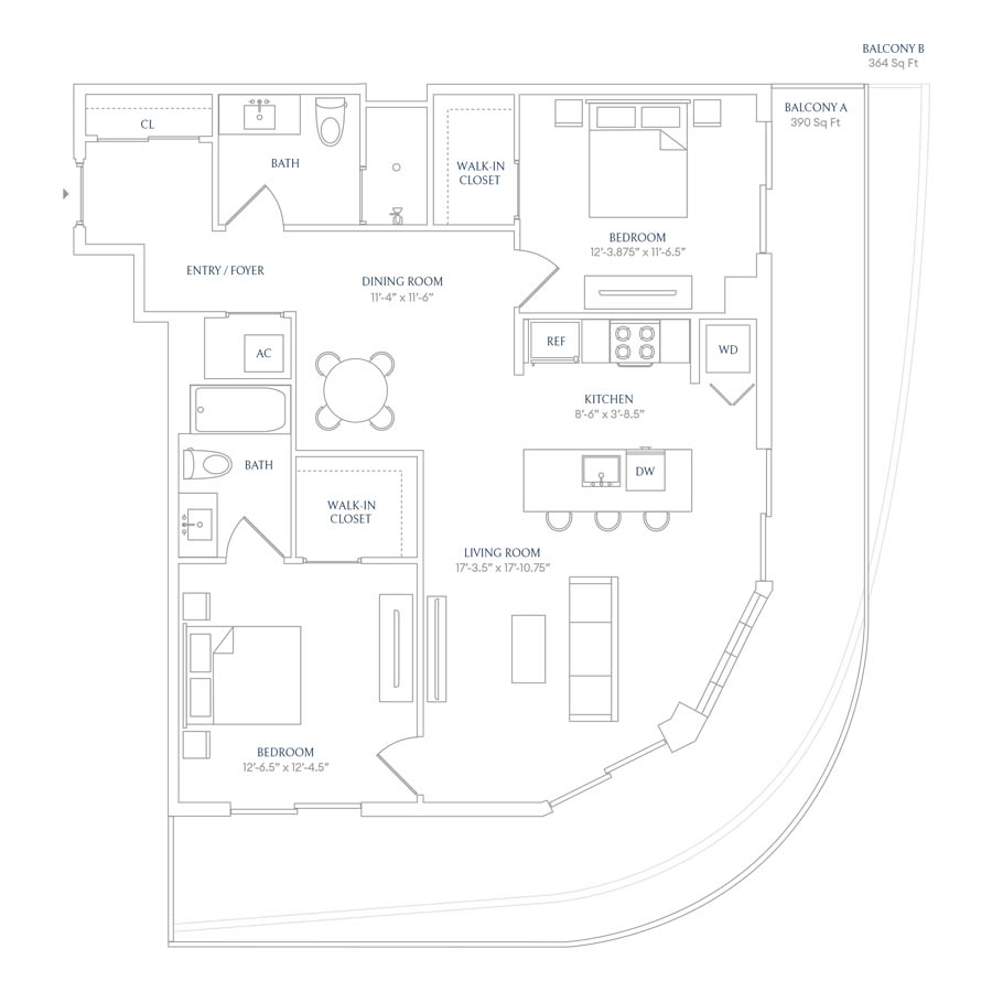 #SHW0414 - 2 bedroom floorplan layout with 2 bathrooms and 1038 square feet