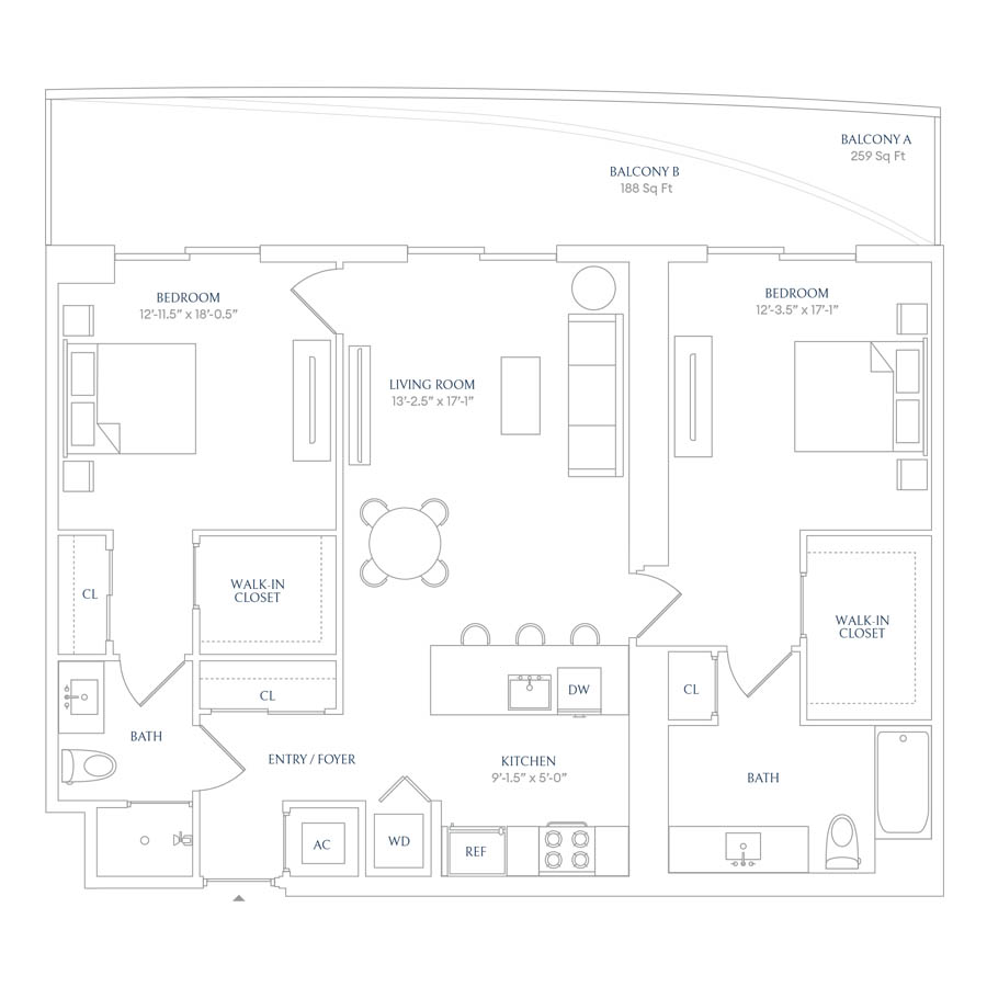 #SHW1603 - 2 bedroom floorplan layout with 2 bathrooms and 1074 square feet