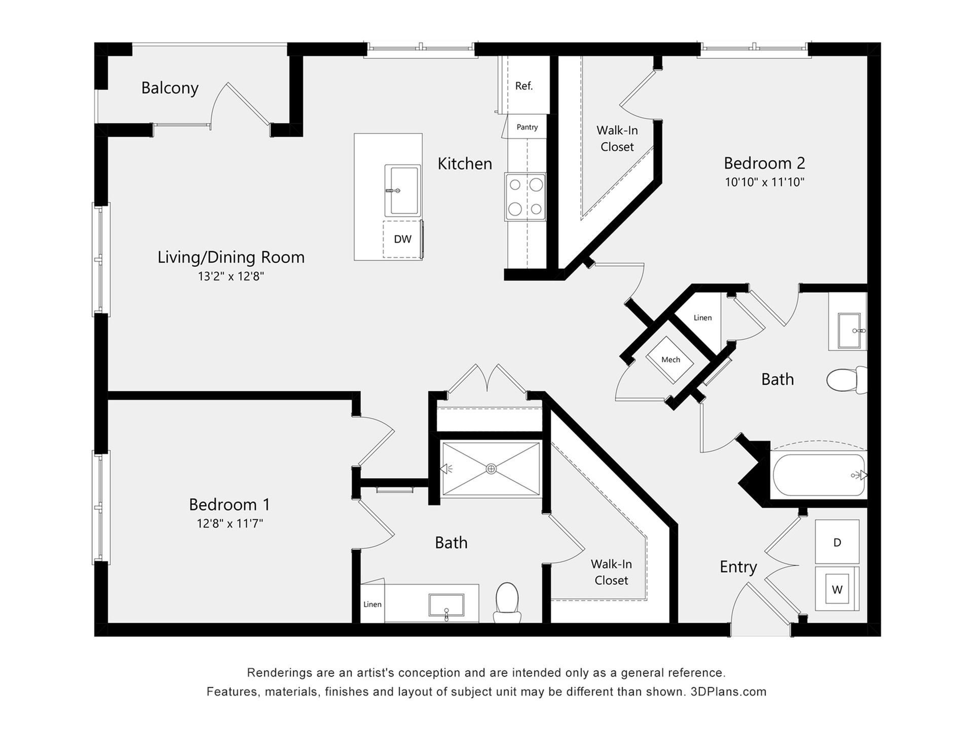 #3300 - 2 bedroom floor plan layout with 2 bathrooms and 1167 square feet