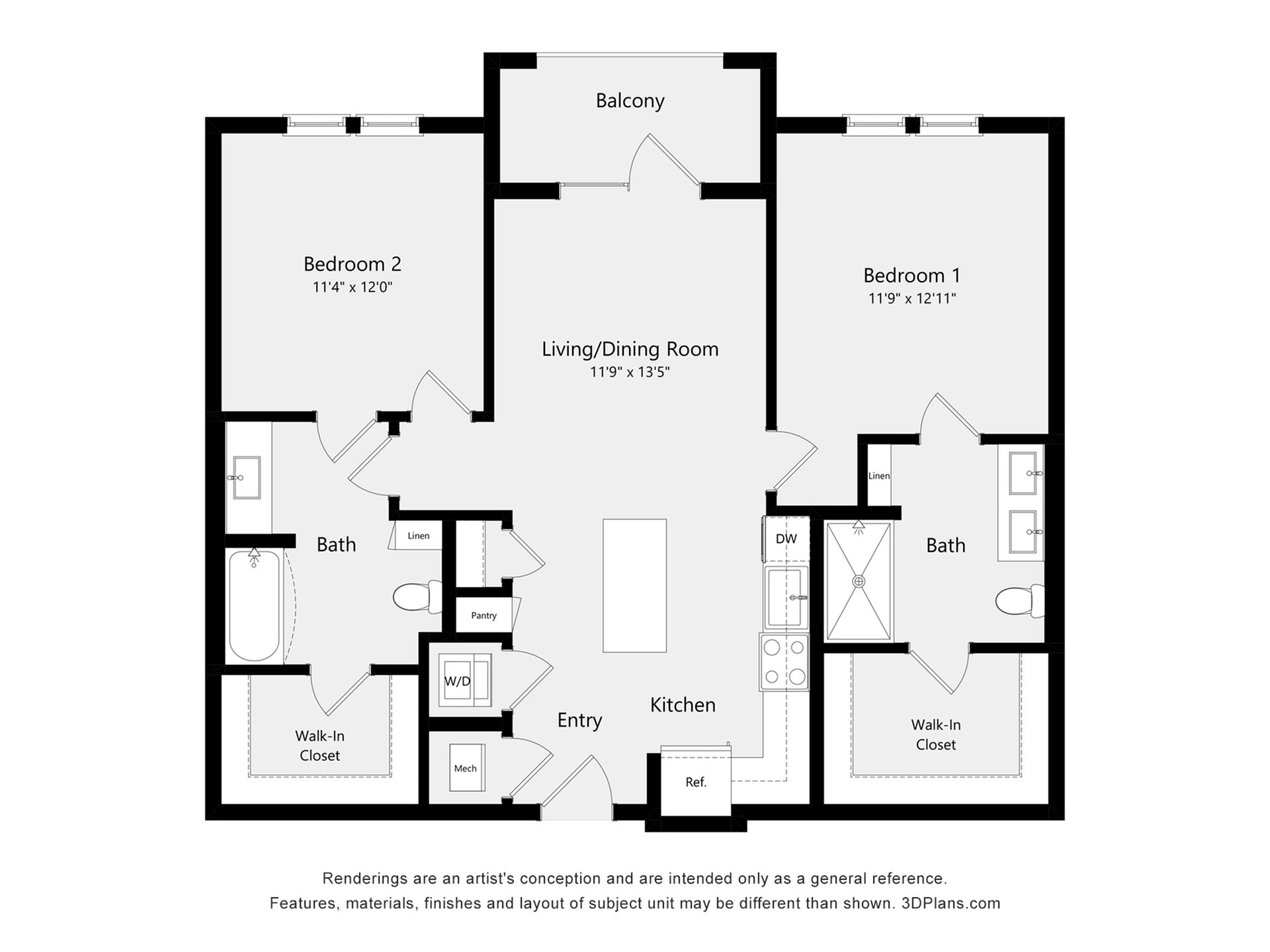 #5303 - 2 bedroom floor plan layout with 2 bathrooms and 1048 square feet