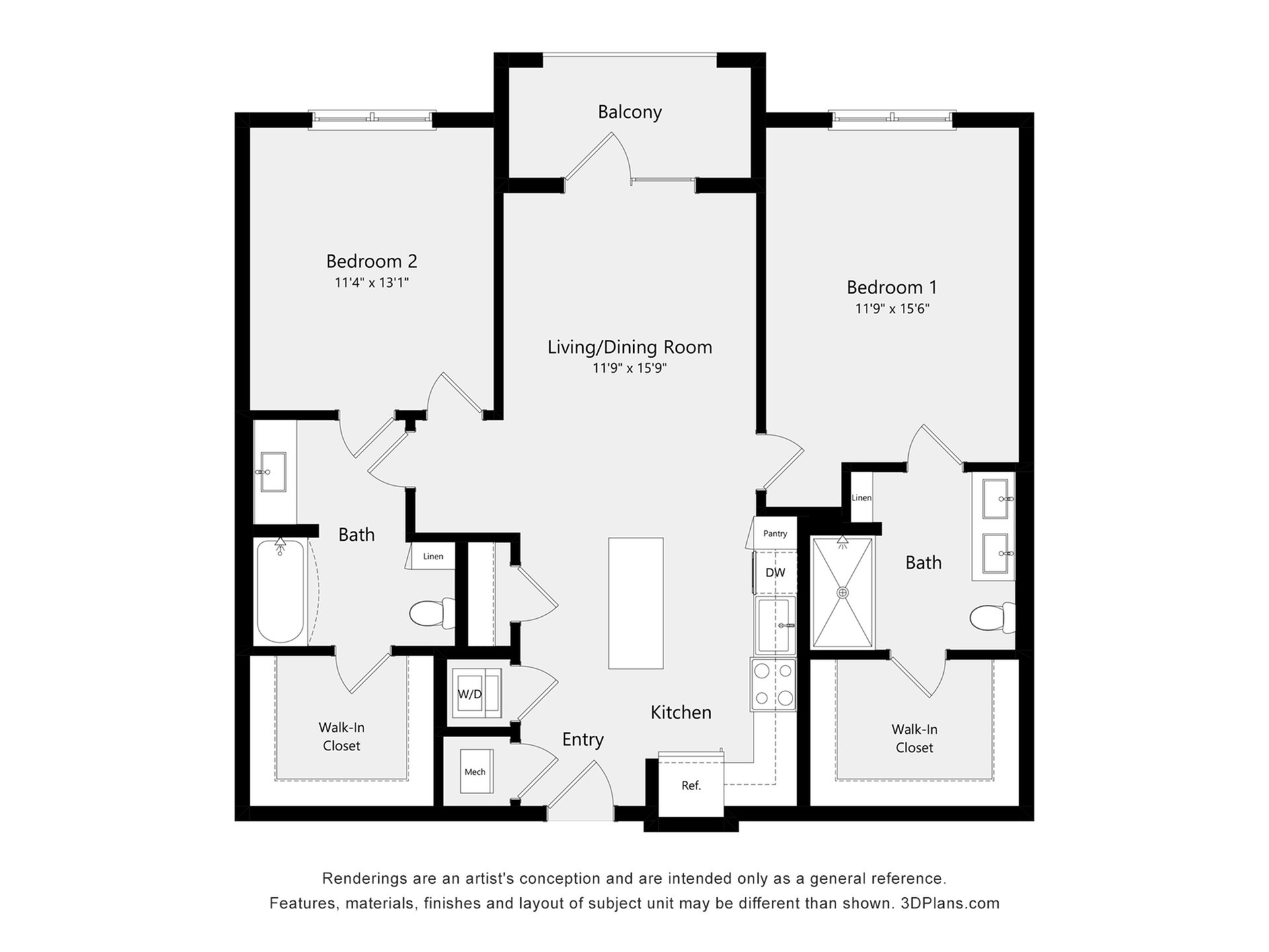 #6308 - 2 bedroom floor plan layout with 2 bathrooms and 1136 square feet