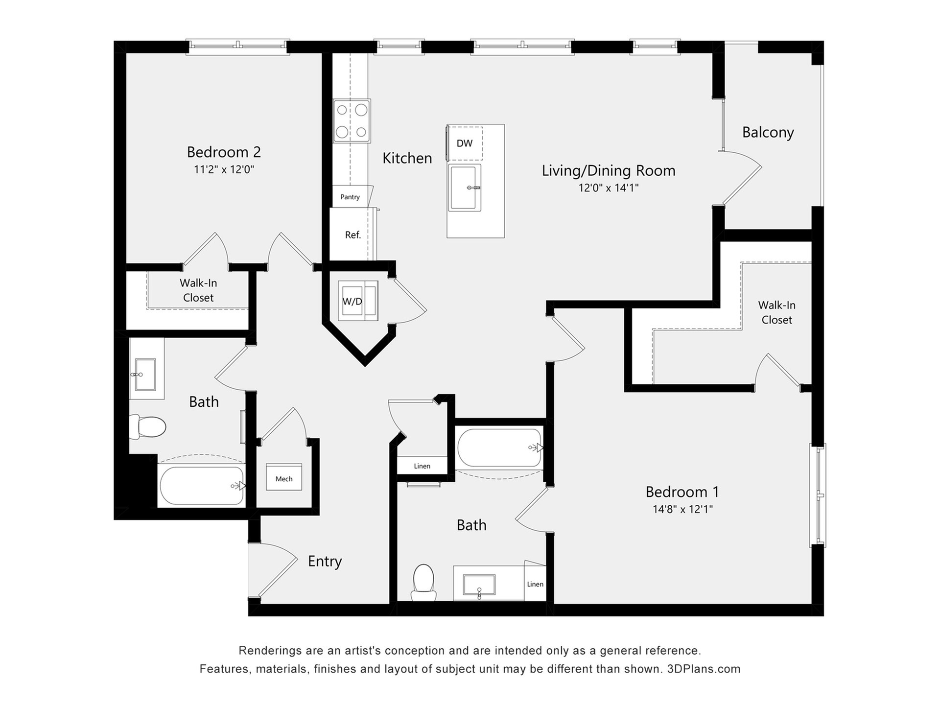 #3314 - 2 bedroom floor plan layout with 2 bathrooms and 1185 square feet