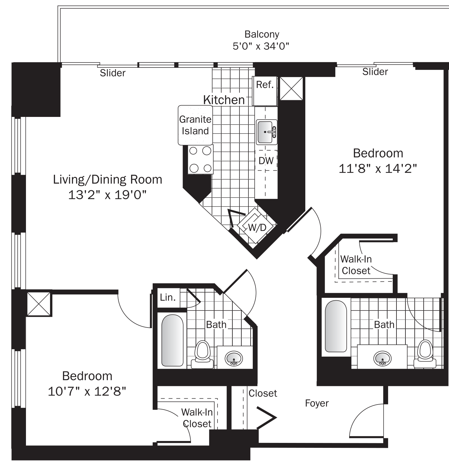 Rendering of the UNIT 7 (2BR/2BA) floor plan with 2 bedroom[s] and 2 bathroom[s] at grandplazachicago