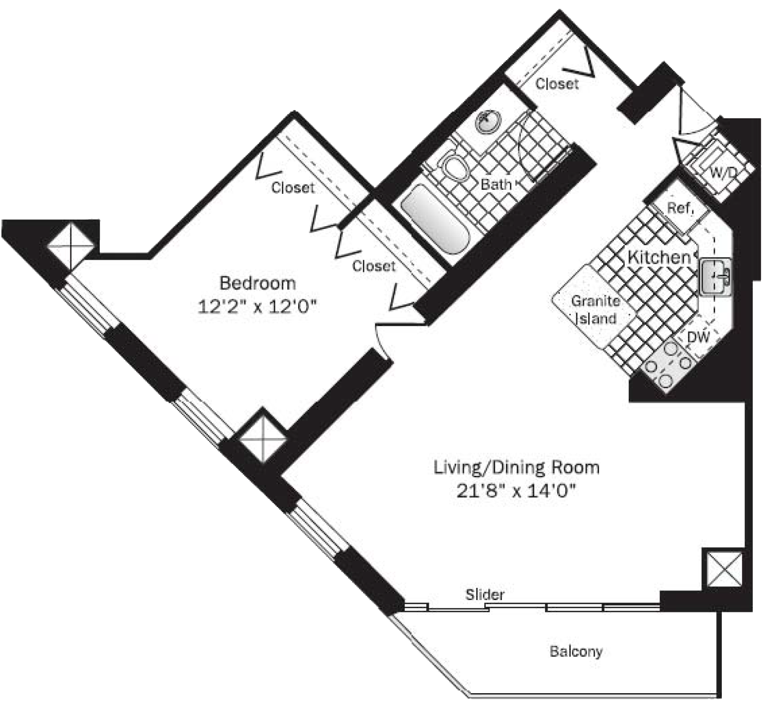 Rendering of the UNIT 4 (1BR/1BA) floor plan with 1 bedroom[s] and 1 bathroom[s] at grandplazachicago