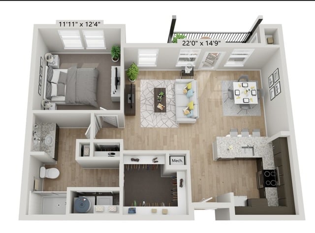 A2-1BR/1BA floor plan