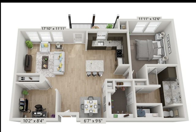 A3-1BR/2BA floor plan