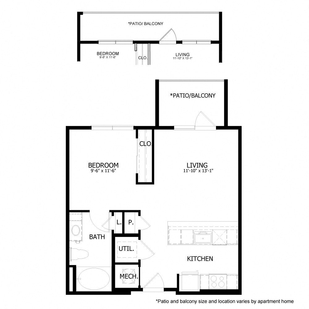 Rendering of the HE_S1 floor plan with 1 bedroom[s] and 1 bathroom[s] at Hastings End