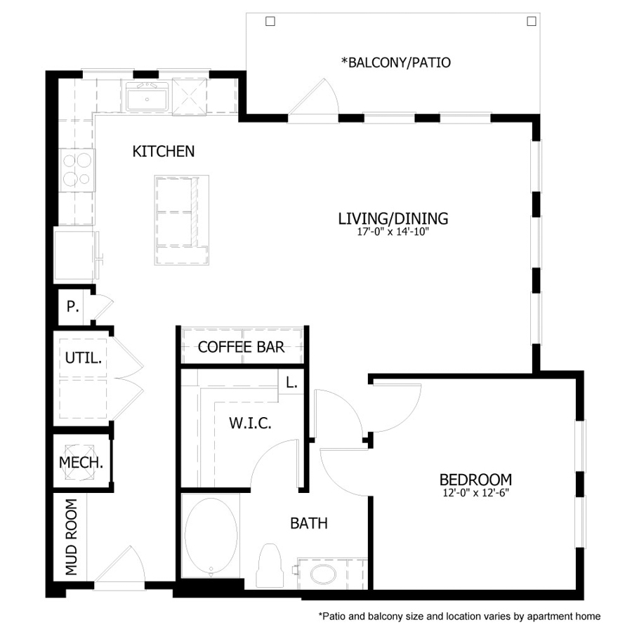 Rendering of the HE_A11 floor plan with 1 bedroom[s] and 1 bathroom[s] at Hastings End