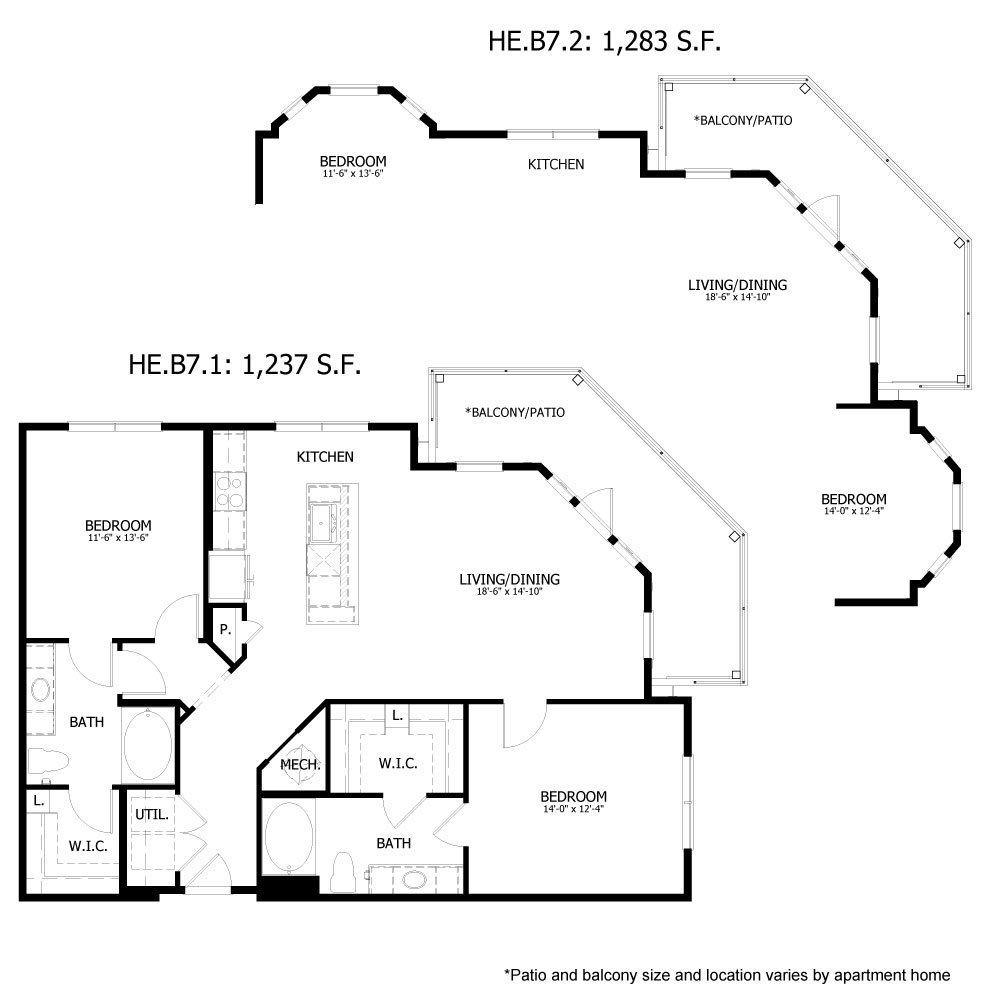Rendering of the HE_B7 floor plan with 2 bedroom[s] and 2 bathroom[s] at Hastings End
