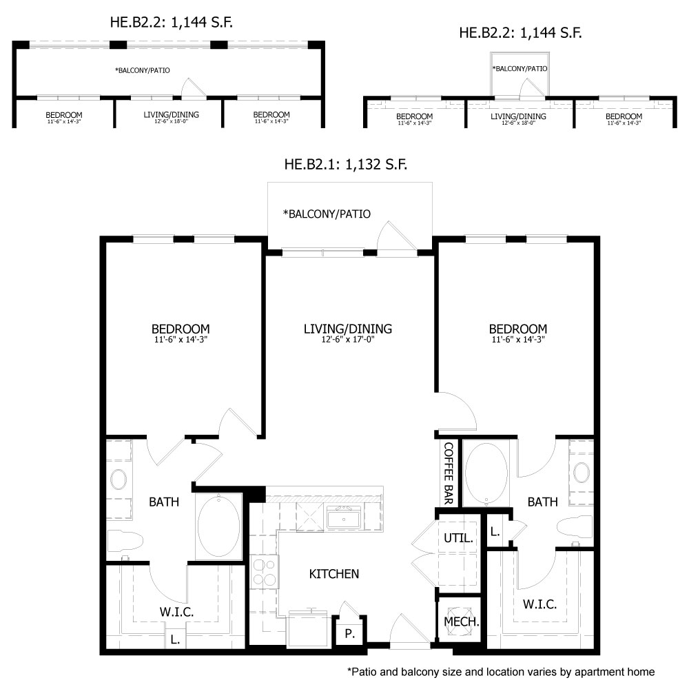 Rendering of the HE_B2 floor plan with 2 bedroom[s] and 2 bathroom[s] at Hastings End