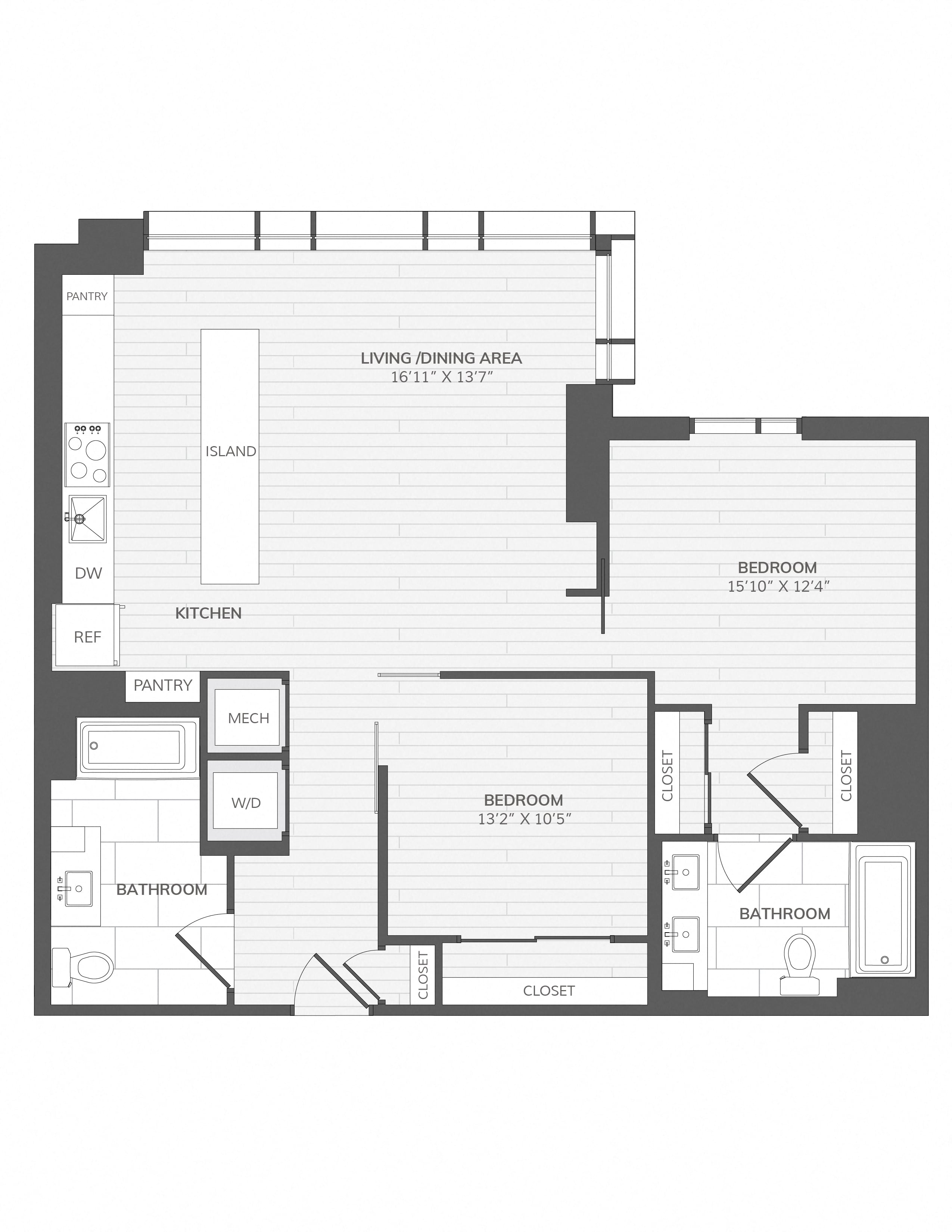 2 Bed/2 Bath JR 2B-A ANSI A_880 P floor plan