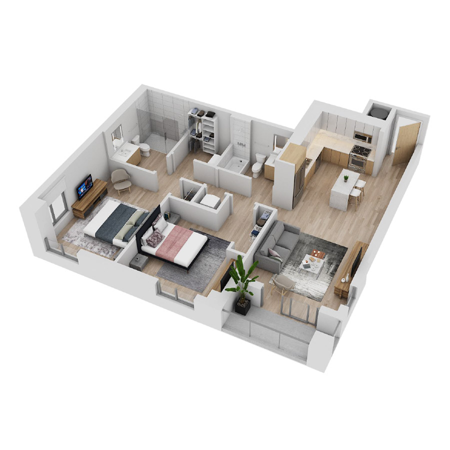 #CAS2707 - 2 bedroom floorplan layout with 2 bathrooms and 1106 square feet