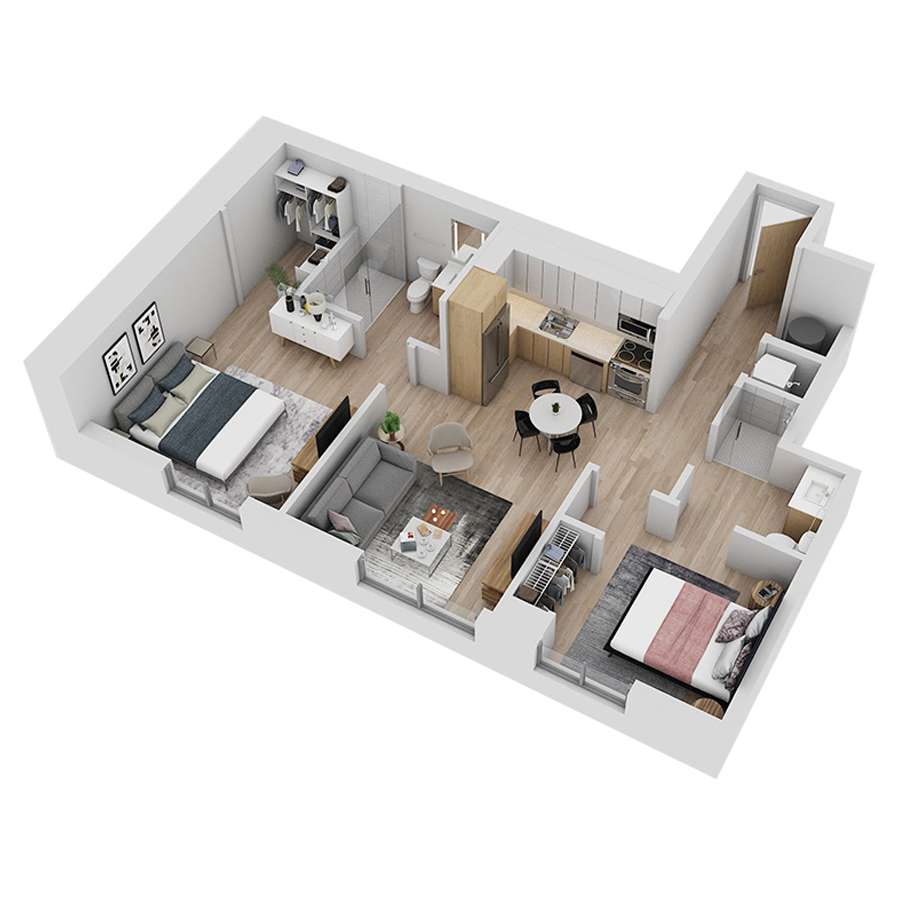 #CAS1912 - 2 bedroom floorplan layout with 2 bathrooms and 912 square feet
