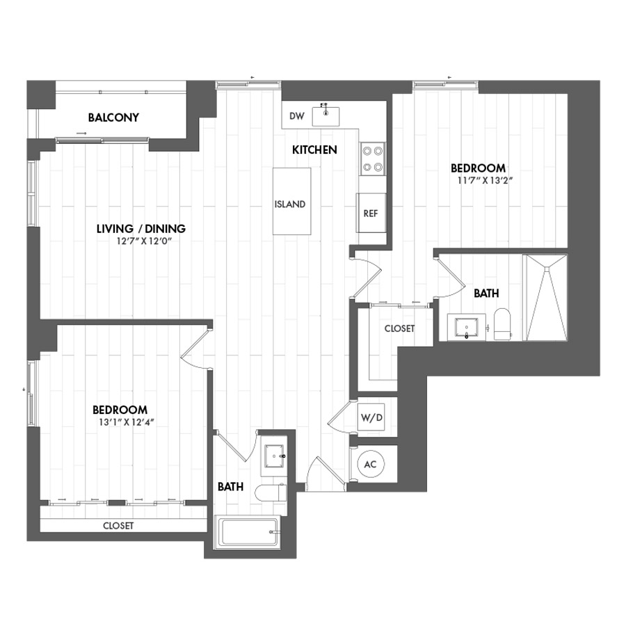 #CAS3001 - 2 bedroom floorplan layout with 2 bathrooms and 1172 square feet