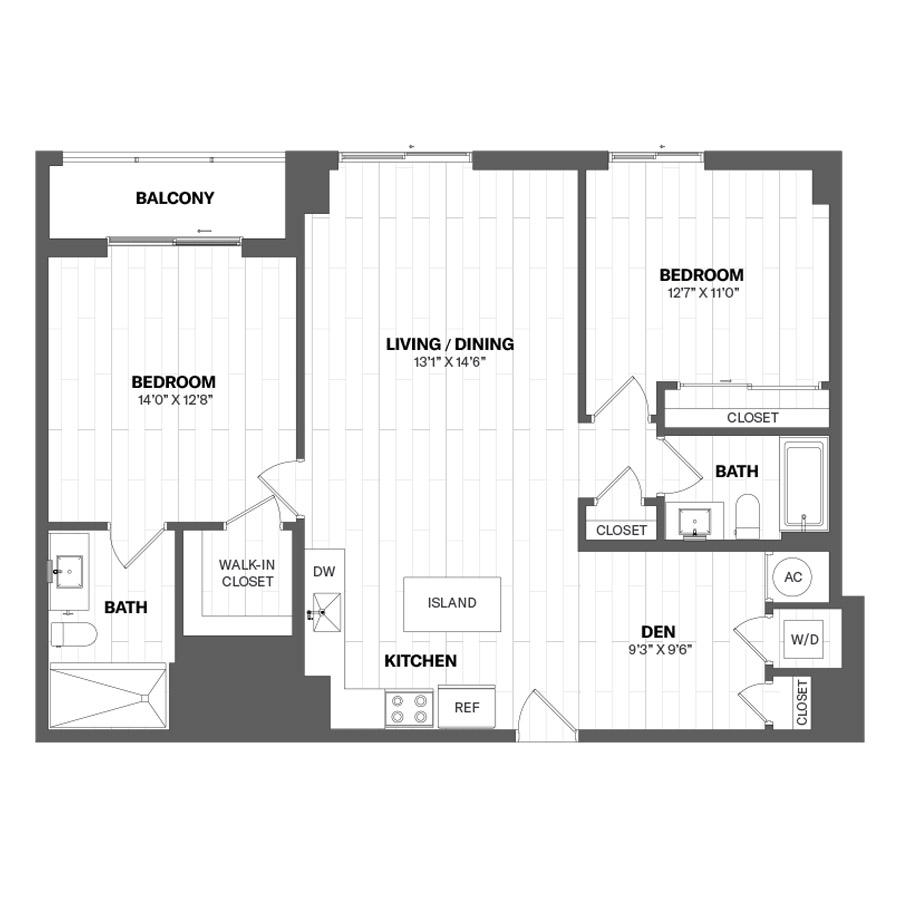 #CAS2503 - 2 bedroom floorplan layout with 2 bathrooms and 1193 square feet