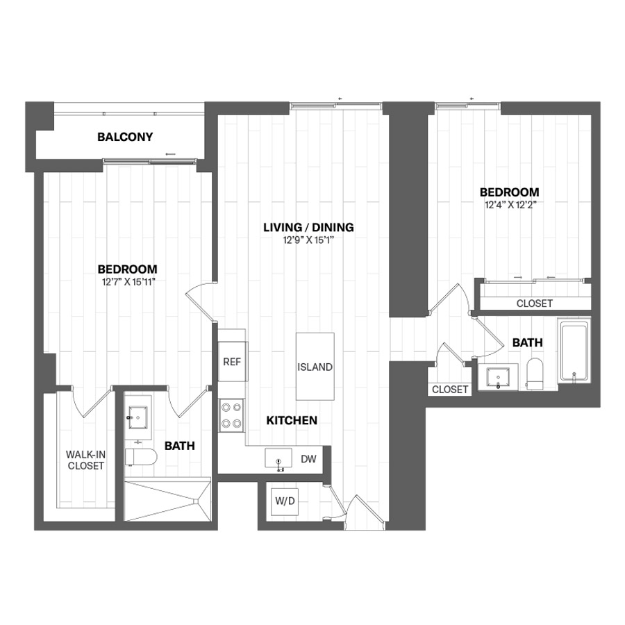 #CAS3009 - 2 bedroom floorplan layout with 2 bathrooms and 1126 square feet