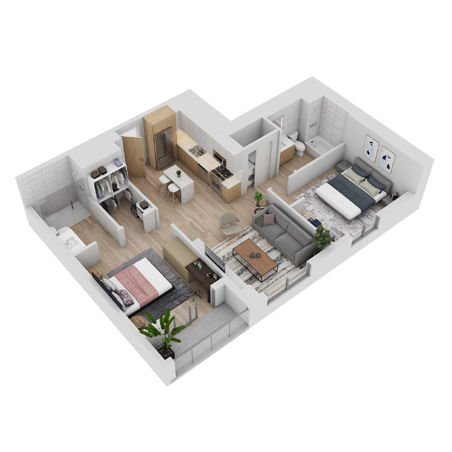 #CAS0502 - 2 bedroom floorplan layout with 2 bathrooms and 1054 square feet