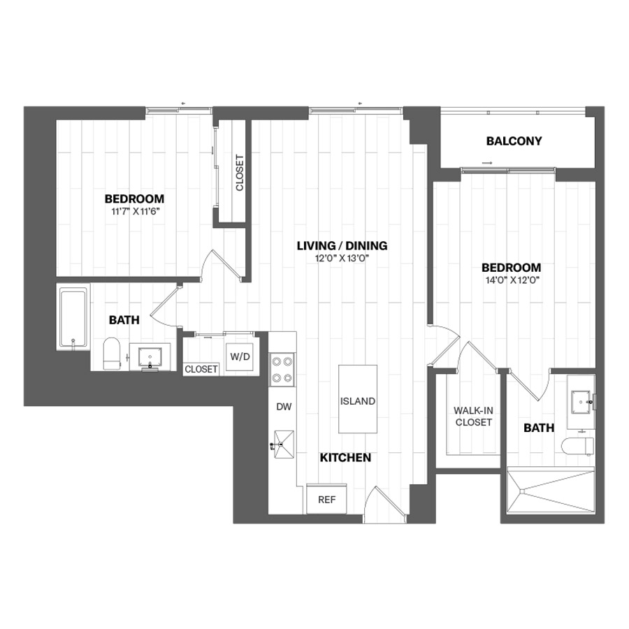 #CAS0502 - 2 bedroom floorplan layout with 2 bathrooms and 1054 square feet