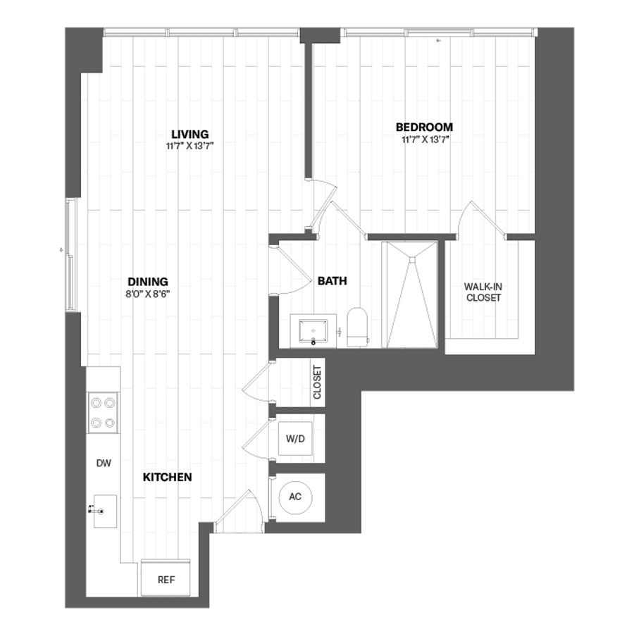 #CAS3401 - 1 bedroom floorplan layout with 1 bathroom and 818 square feet