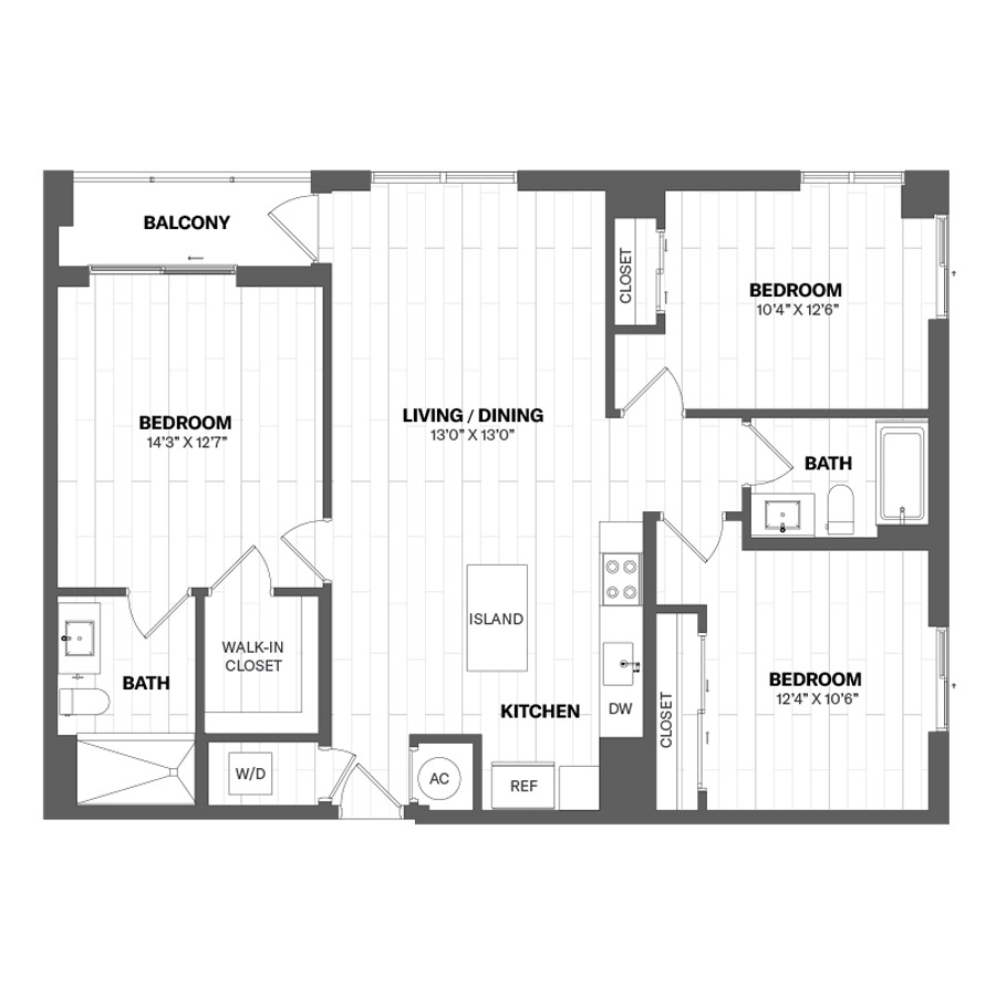 #CAS1206 - 3 bedroom floorplan layout with 2 bathrooms and 1238 square feet