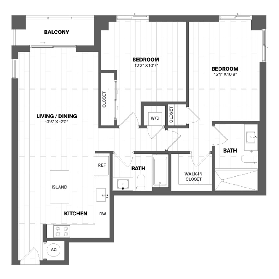 #CAS2707 - 2 bedroom floorplan layout with 2 bathrooms and 1106 square feet