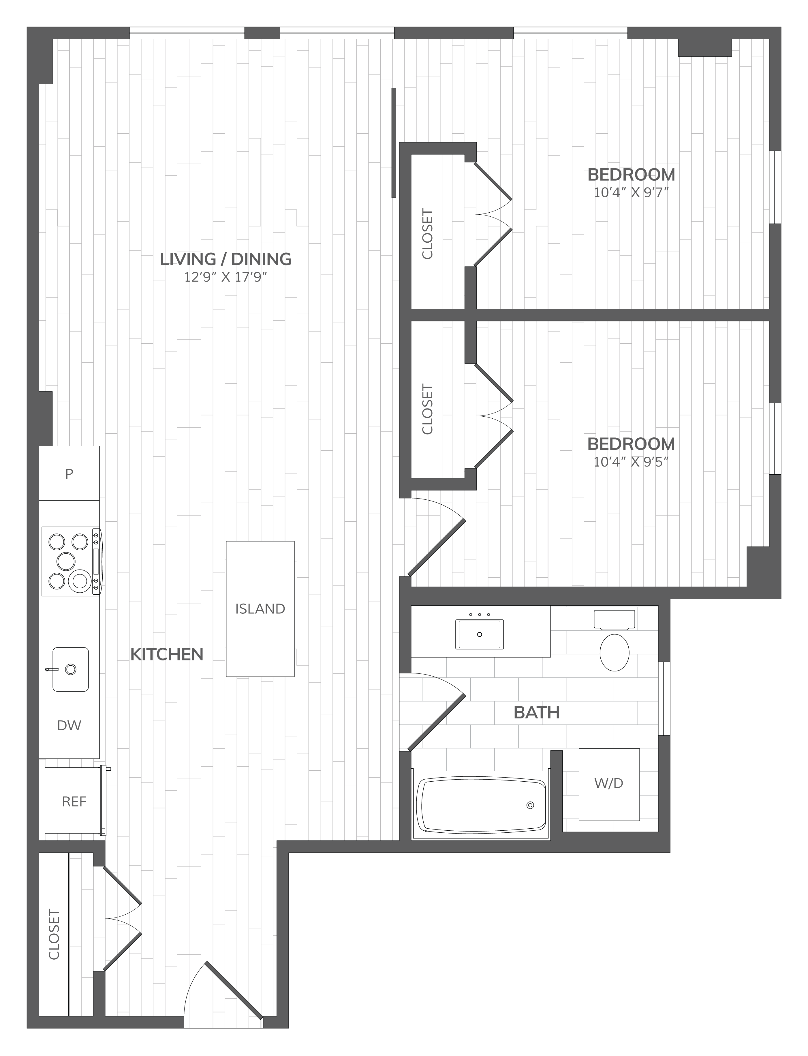 2 Bed - 1 Bath floor plan