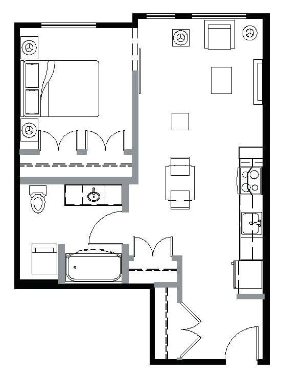 1 Bed/1 Bath South - B4S floor plan