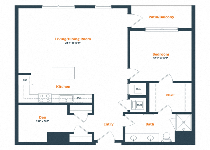 A23D | 1 Bed | 1 Bath | Den floor plan