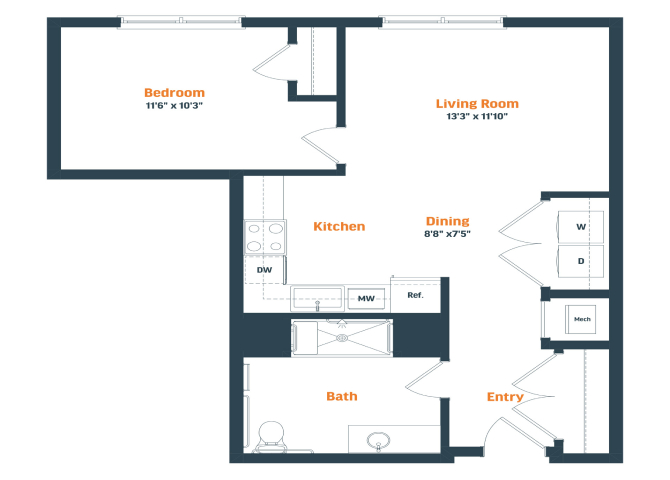 A11 HP | 1 Bed | 1 Bath floor plan